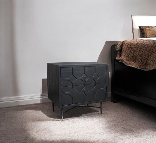 HomeRoots 28" Distressed Black Nightstand - Vintage Solid Wood Two-Drawer Table with Rustic Charm & Versatility 569605