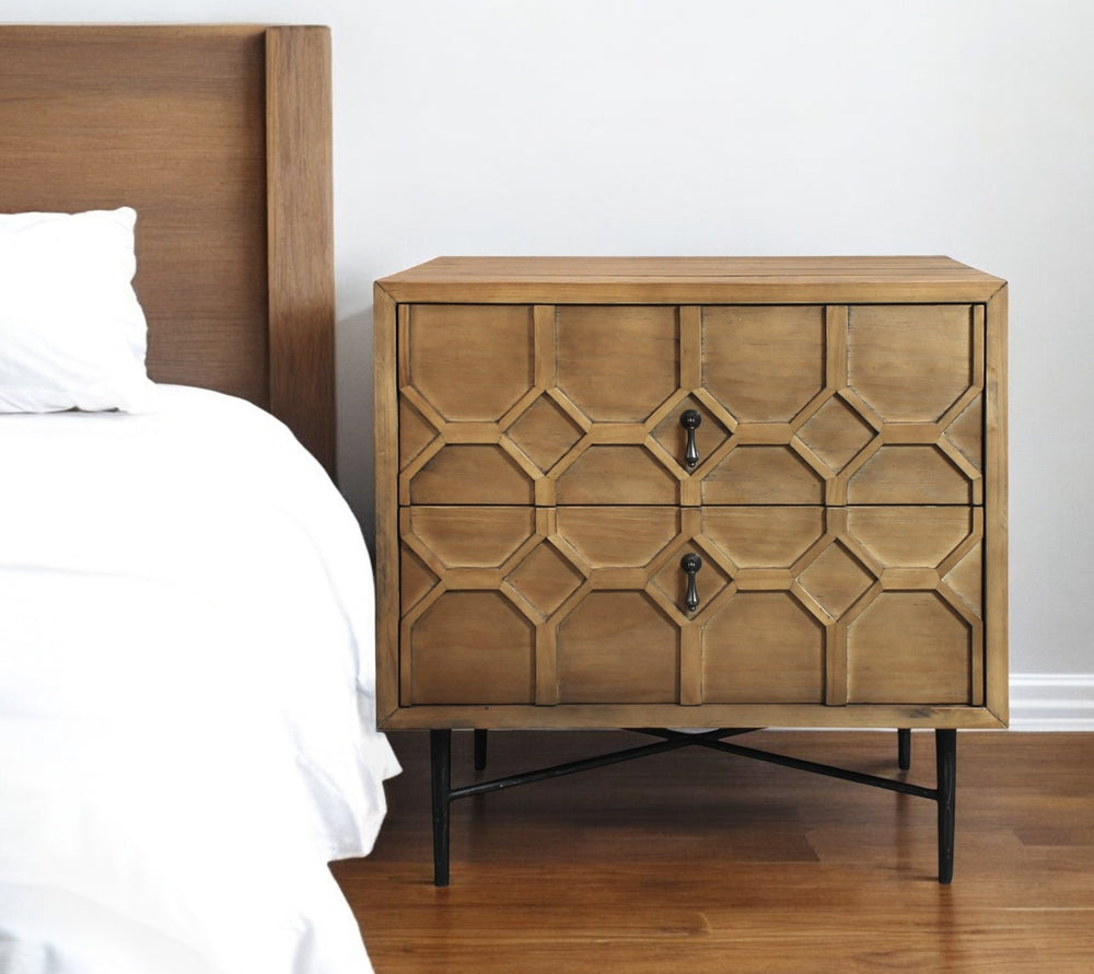 Homeroots 28" Natural Two Drawer Distressed Carved Geometric Solid Wood Nightstand   569606