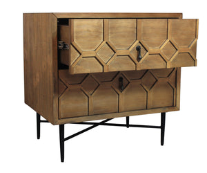 Homeroots 28" Natural Two Drawer Distressed Carved Geometric Solid Wood Nightstand   569606