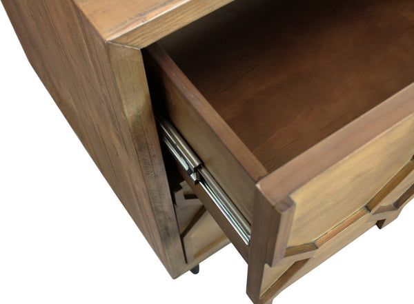 Homeroots 28" Natural Two Drawer Distressed Carved Geometric Solid Wood Nightstand   569606