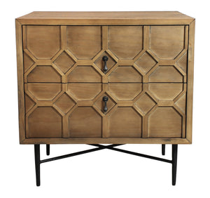 Homeroots 28" Natural Two Drawer Distressed Carved Geometric Solid Wood Nightstand   569606