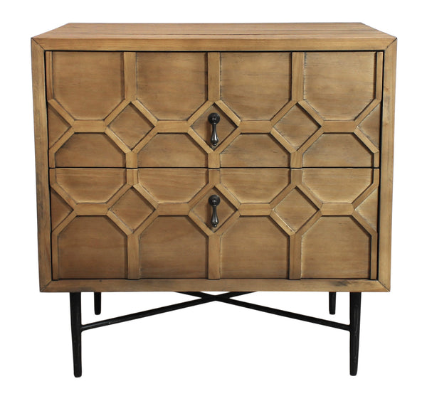 Homeroots 28" Natural Two Drawer Distressed Carved Geometric Solid Wood Nightstand   569606