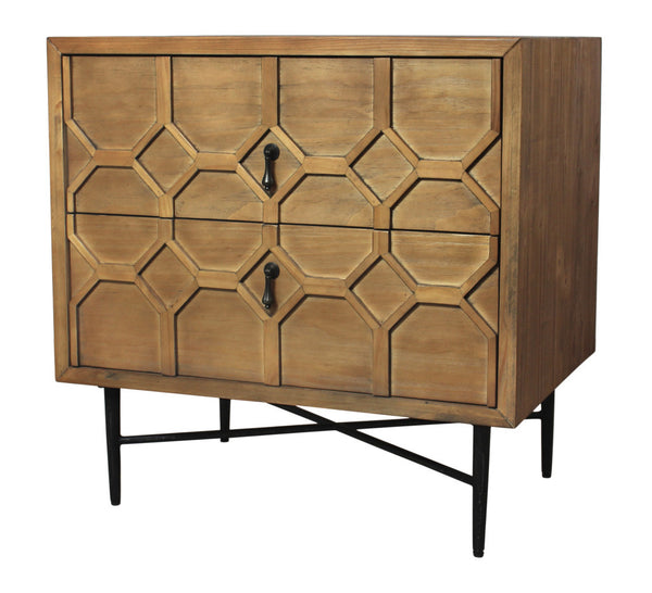 Homeroots 28" Natural Two Drawer Distressed Carved Geometric Solid Wood Nightstand   569606