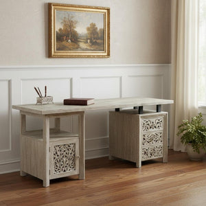 HomeRoots 68" Gray Solid Wood Writing Desk - Rustic Mango Wood Design with 3 Drawers for Stylish Home Office 569607