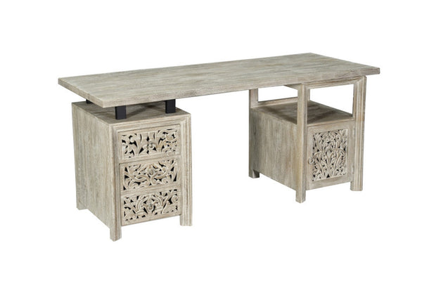 HomeRoots 68" Gray Solid Wood Writing Desk - Rustic Mango Wood Design with 3 Drawers for Stylish Home Office 569607