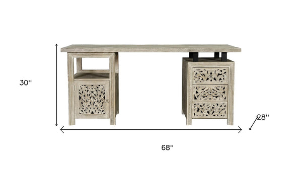 HomeRoots 68" Gray Solid Wood Writing Desk - Rustic Mango Wood Design with 3 Drawers for Stylish Home Office 569607