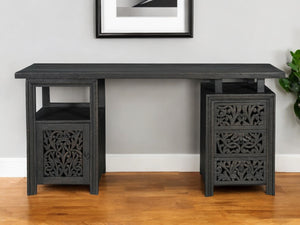 Homeroots 68" Elegant Black Carved Floral Solid Wood Computer Desk - Stylish 3-drawer Storage For Office   569608