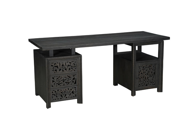 Homeroots 68" Elegant Black Carved Floral Solid Wood Computer Desk - Stylish 3-drawer Storage For Office   569608