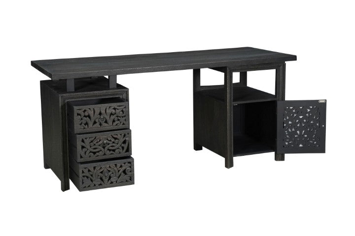 Homeroots 68" Elegant Black Carved Floral Solid Wood Computer Desk - Stylish 3-drawer Storage For Office   569608