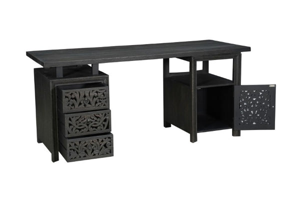 Homeroots 68" Elegant Black Carved Floral Solid Wood Computer Desk - Stylish 3-drawer Storage For Office   569608