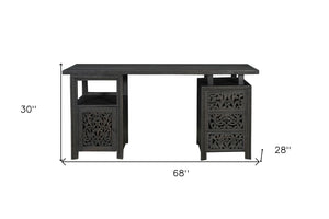 Homeroots 68" Elegant Black Carved Floral Solid Wood Computer Desk - Stylish 3-drawer Storage For Office   569608