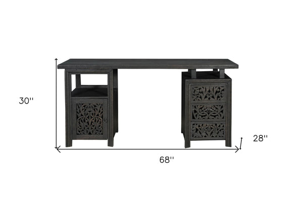 Homeroots 68" Elegant Black Carved Floral Solid Wood Computer Desk - Stylish 3-drawer Storage For Office   569608