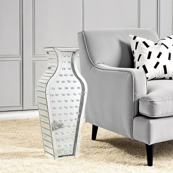 Homeroots 28" Silver Urn Mirrored Glass Floor Vase With Crystals - Modern Elegance For Stunning Home Decor  Glass 569611