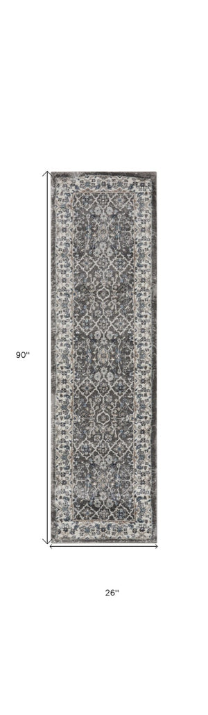 HomeRoots 8' Teal Ivory and Gray Floral Medallion Rug - Elegant Design for Hallways, Kitchens, and More! 8' Runner 569625