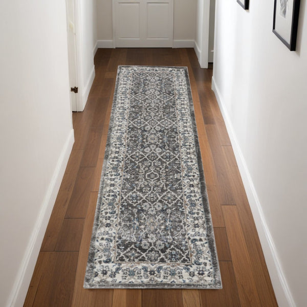 HomeRoots 8' Teal Ivory and Gray Floral Medallion Rug - Elegant Design for Hallways, Kitchens, and More! 8' Runner 569625