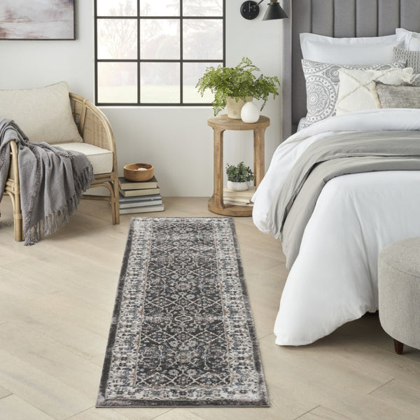 HomeRoots 8' Teal Ivory and Gray Floral Medallion Rug - Elegant Design for Hallways, Kitchens, and More! 8' Runner 569625