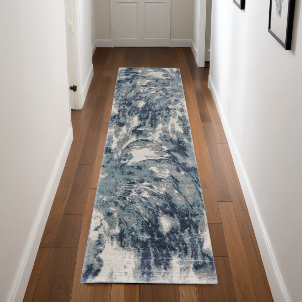 HomeRoots 8' Contemporary Blue Abstract Power Loom Runner Rug - Stylish, Durable, and Easy-Care Décor Accent 8' Runner 569627