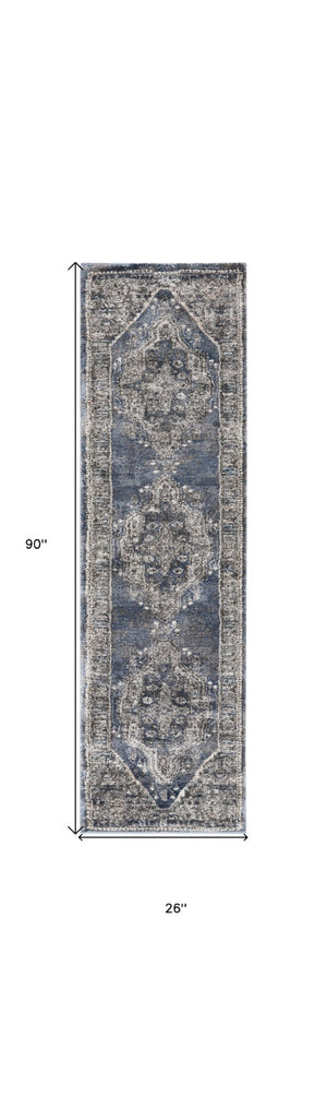 HomeRoots 8' Teal Ivory and Gray Floral Medallion Rug - Elegant Design for Hallways, Kitchens, and More! 8' Runner 569644