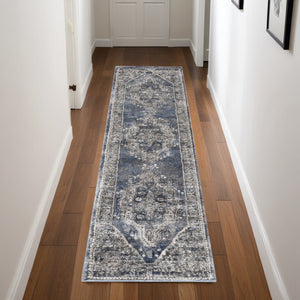 HomeRoots 8' Teal Ivory and Gray Floral Medallion Rug - Elegant Design for Hallways, Kitchens, and More! 8' Runner 569644