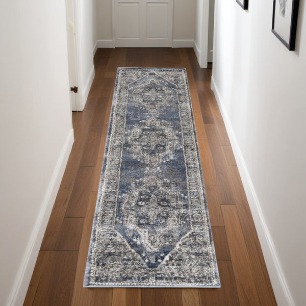HomeRoots 8' Teal Ivory and Gray Floral Medallion Rug - Elegant Design for Hallways, Kitchens, and More! 8' Runner 569644