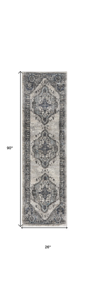 Homeroots 8' Gray Floral Power Loom Distressed Runner Rug  Polypropylene 569645