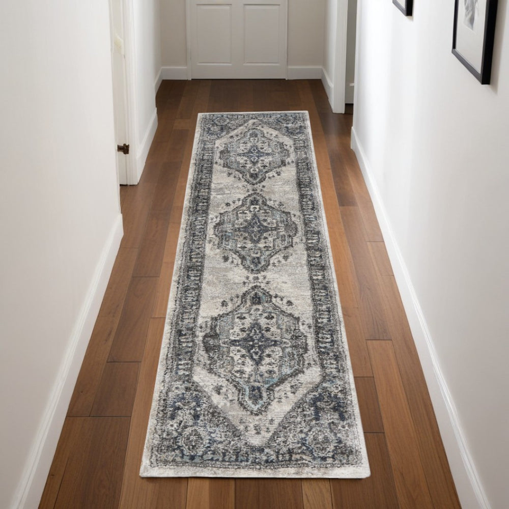 HomeRoots 8' Teal Ivory and Gray Floral Medallion Rug - Elegant Design for Hallways, Kitchens, and More! 8' Runner 569645