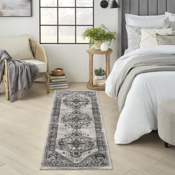 HomeRoots 8' Teal Ivory and Gray Floral Medallion Rug - Elegant Design for Hallways, Kitchens, and More! 8' Runner 569645