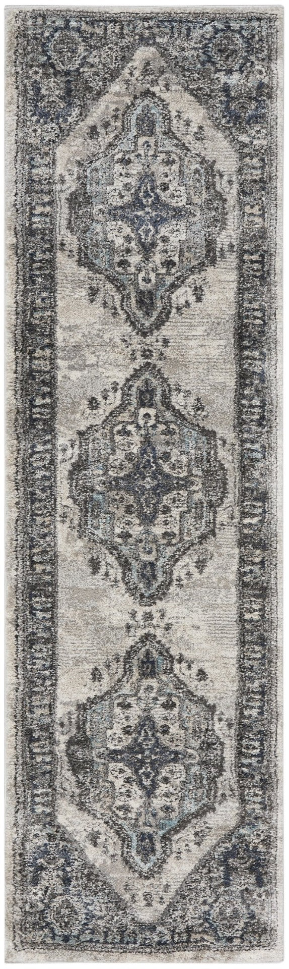 HomeRoots 8' Teal Ivory and Gray Floral Medallion Rug - Elegant Design for Hallways, Kitchens, and More! 8' Runner 569645