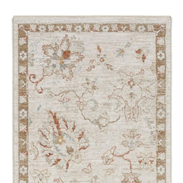 HomeRoots 8' Cream Floral Power Loomed Area Rug with Distressed Finish and Timeless Fringe for Any Room 10' Runner 569661