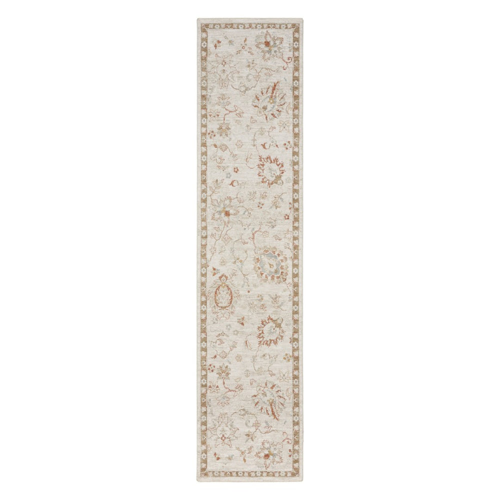 HomeRoots 8' Cream Floral Power Loomed Area Rug with Distressed Finish and Timeless Fringe for Any Room 10' Runner 569661