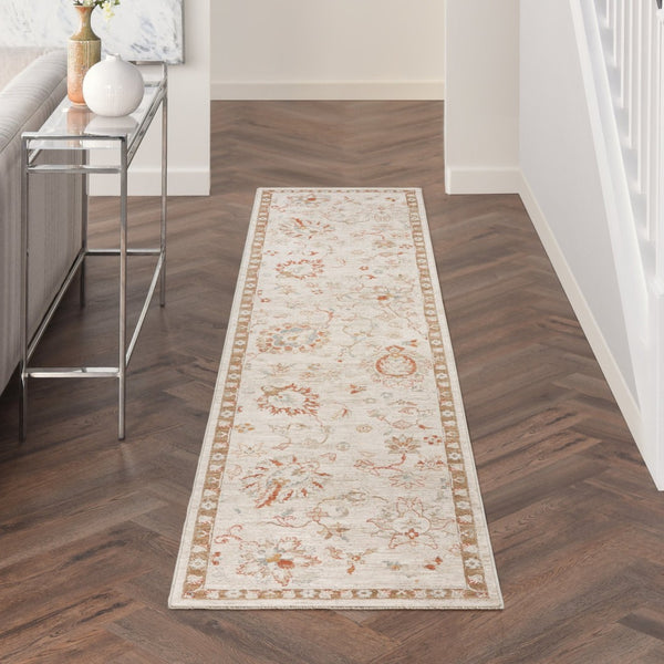 HomeRoots 8' Cream Floral Power Loomed Area Rug with Distressed Finish and Timeless Fringe for Any Room 10' Runner 569661