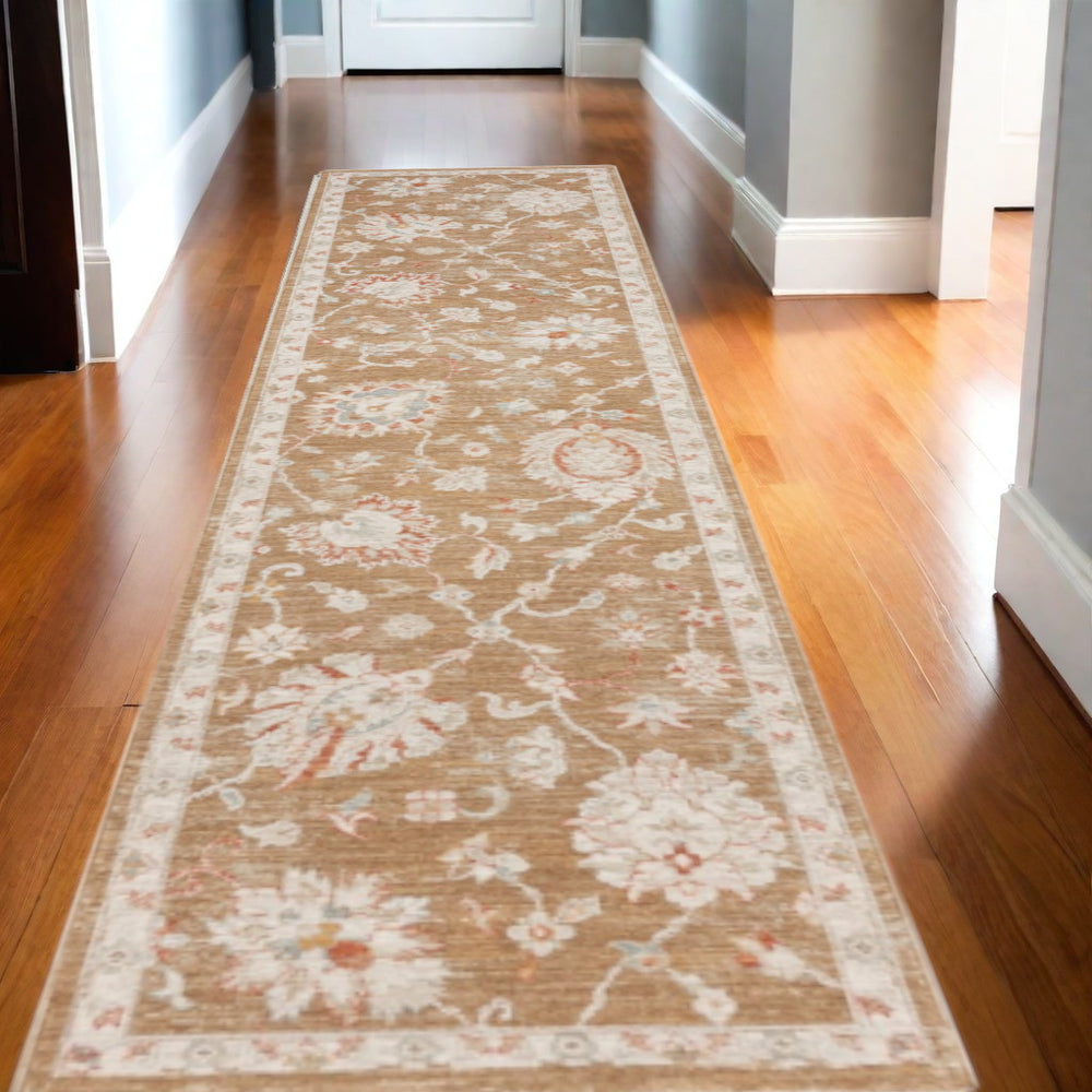 Homeroots 10' Brown Floral Power Loom Distressed Runner Rug  Polyester 569662