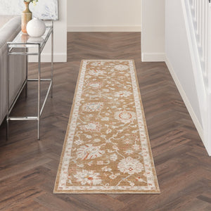 HomeRoots 10' Brown Floral Power Loomed Vintage-Inspired Runner Rug for Hallways and Entryways, Durable Charm 10' Runner 569662