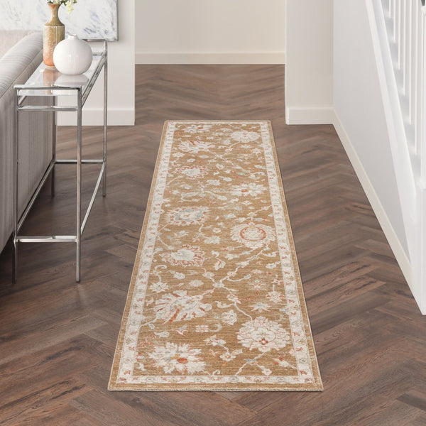 HomeRoots 10' Brown Floral Power Loomed Vintage-Inspired Runner Rug for Hallways and Entryways, Durable Charm 10' Runner 569662