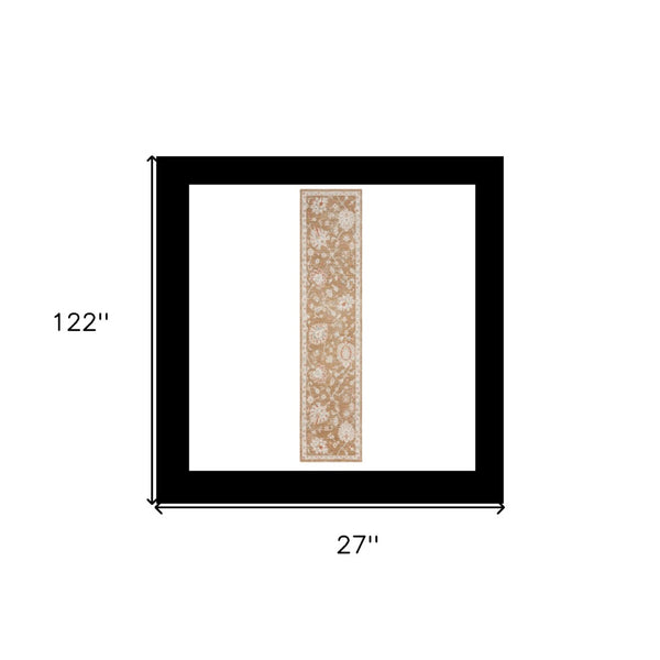 HomeRoots 10' Brown Floral Power Loomed Vintage-Inspired Runner Rug for Hallways and Entryways, Durable Charm 10' Runner 569662