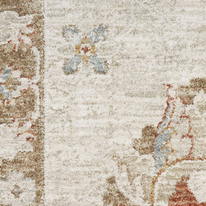 HomeRoots 8' Cream Floral Power Loomed Area Rug with Distressed Finish and Timeless Fringe for Any Room 5' X 8' 569669