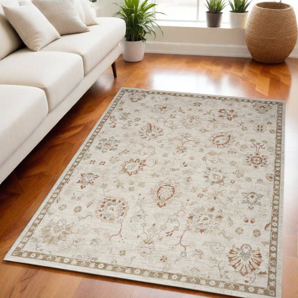 Homeroots 5' X 8' Ivory Floral Power Loom Distressed Area Rug  Polyester 569669