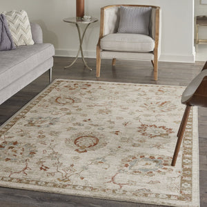 HomeRoots 8' Cream Floral Power Loomed Area Rug with Distressed Finish and Timeless Fringe for Any Room 5' X 8' 569669