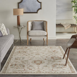 HomeRoots 8' Cream Floral Power Loomed Area Rug with Distressed Finish and Timeless Fringe for Any Room 5' X 8' 569669