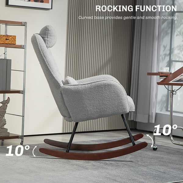 English Elm HOMCOM Boucle Rocking Chair with Headrest & Lumbar Pillow, High Back Plush Foam, Steel Frame, Light Gray W2225P249588