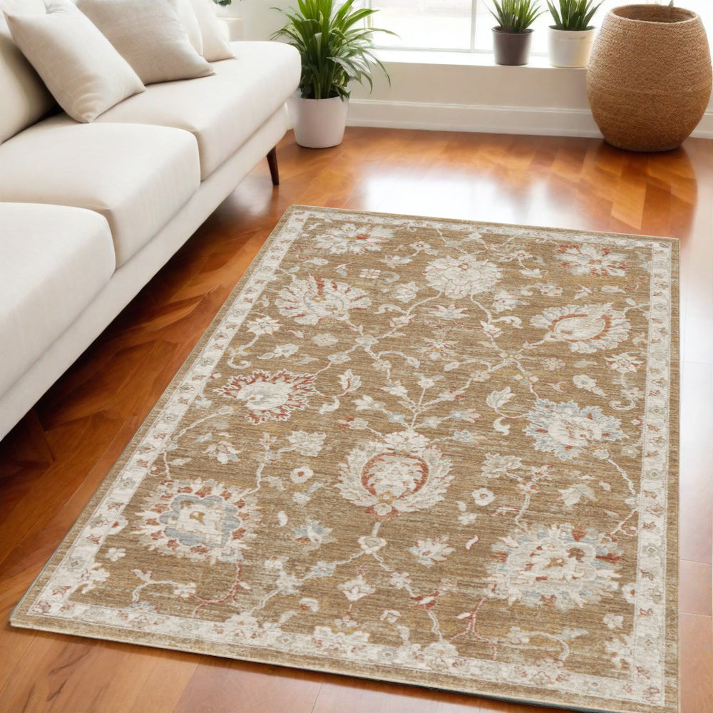 Homeroots 5' X 8' Brown Floral Power Loom Distressed Area Rug  Polyester 569670