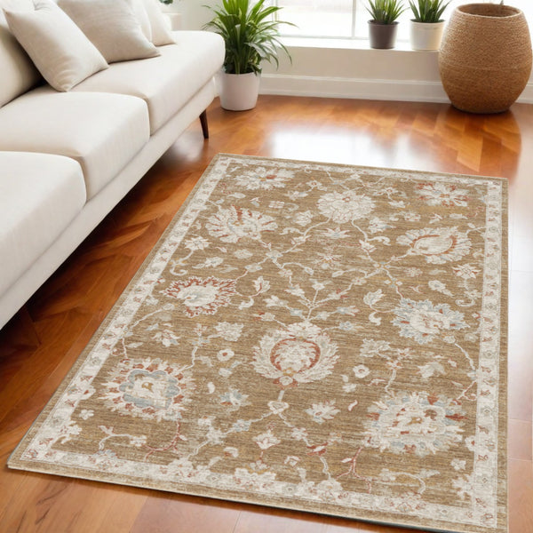 Homeroots 5' X 8' Brown Floral Power Loom Distressed Area Rug  Polyester 569670