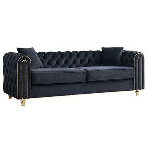English Elm 86'' Luxury Modern Tufted Sofa with Gold Trim, Velvet Upholstery, Pocket Spring Comfort & 750lb Support Black W579P303656
