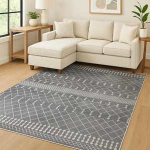 7 X 9 Blue Geometric Polyester Area Rug with Low Pile for Living Rooms and Entryways