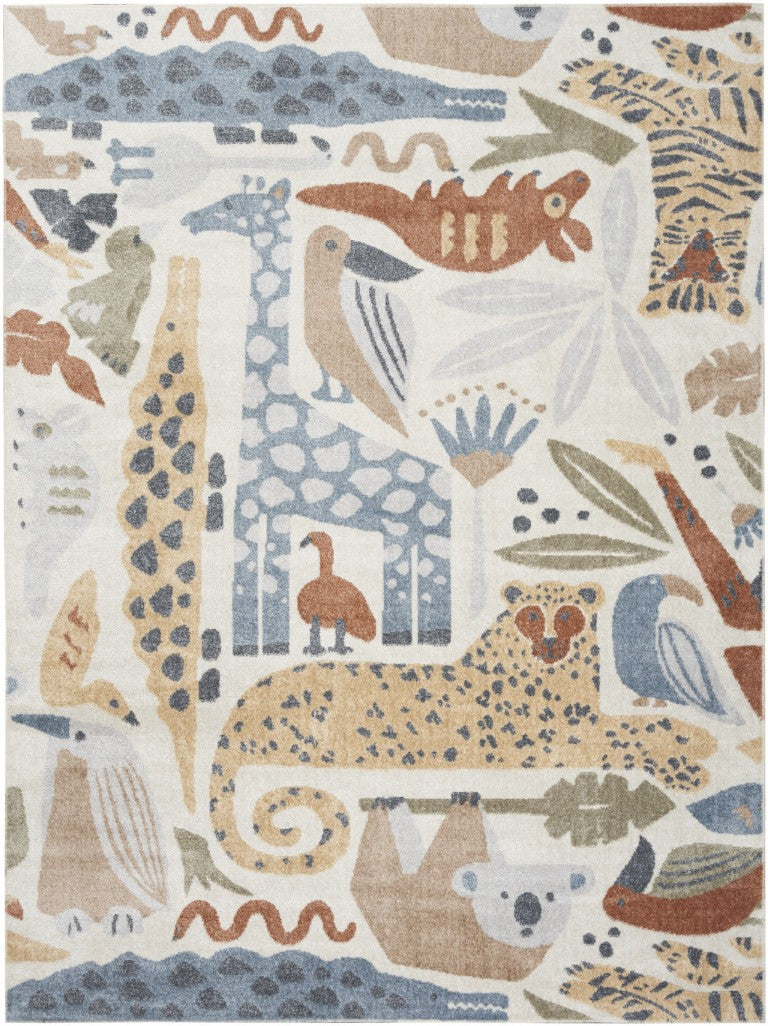 8x10 Ivory Animal Print Polyester Area Rug Safari Style for Living or Dining Rooms