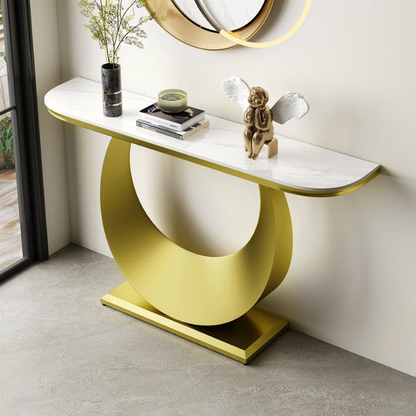 English Elm Premium Faux Marble Half Moon Console Table Gold Base Narrow Entryway Accent W2700S00084