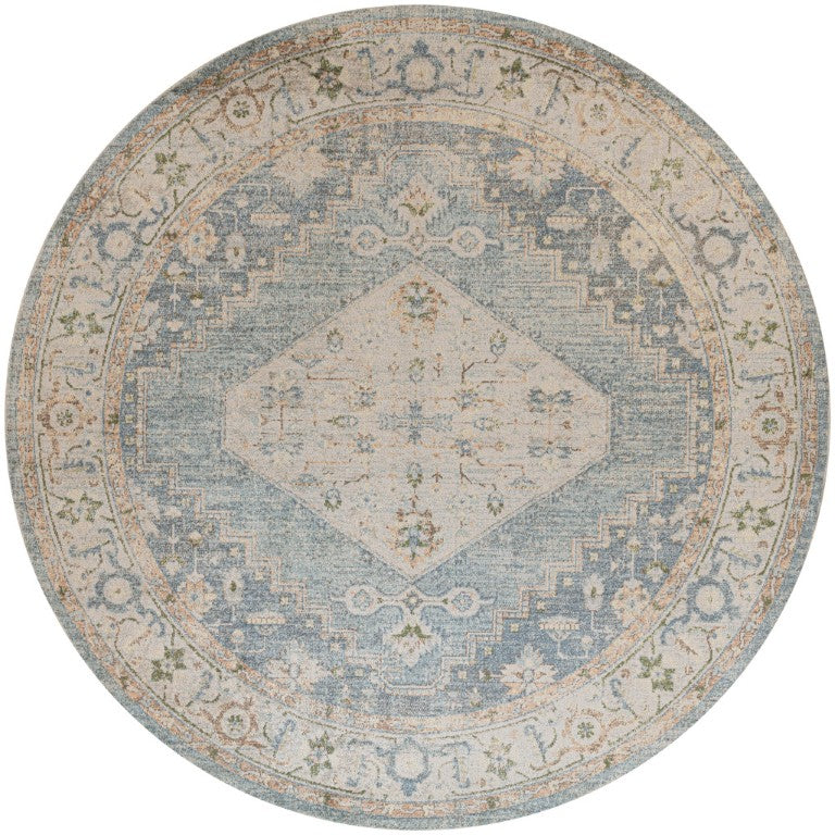 HomeRoots 8 Foot Round Polyester Rug Distressed Oriental Motif Low Pile for Living Spaces 569729