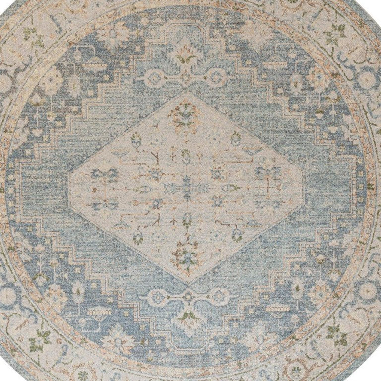 HomeRoots 8 Foot Round Polyester Rug Distressed Oriental Motif Low Pile for Living Spaces 569729