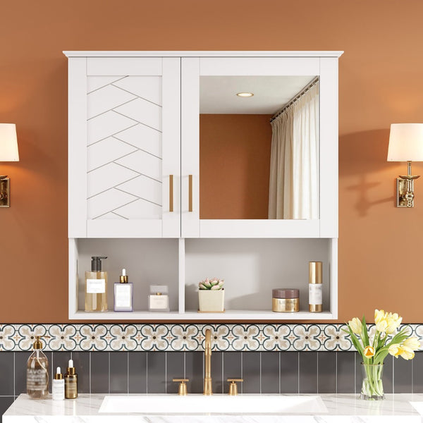 English Elm 2-in-1 Matte Wall Mounted Medicine Cabinet Soft Close Mirror Storage for Bathroom Vanity White N710P389456K