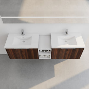 English Elm 72 Inch Wall Mounted Vanity with Resin Sink, Soft-Close Doors, Ample Storage Shelves, Durable Eco Plywood Finish California Walnut W999S00189